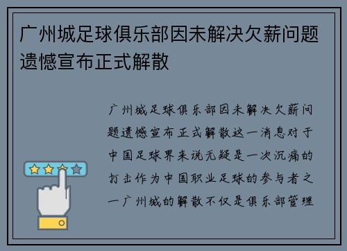 广州城足球俱乐部因未解决欠薪问题遗憾宣布正式解散 广州城足球俱乐部因未解决欠薪问题遗憾宣布正式解散